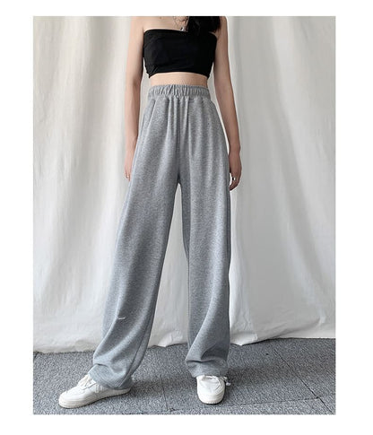 High Waist Plain Straight-Fit Wide-Leg Sweatpants