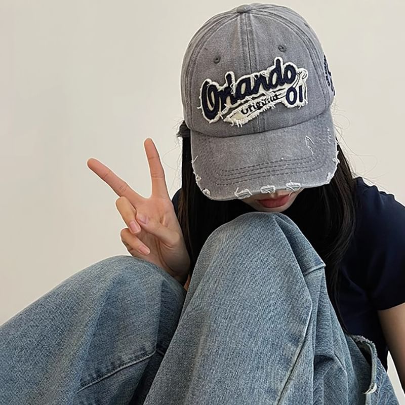 Lettering Baseball Cap Applique Distressed