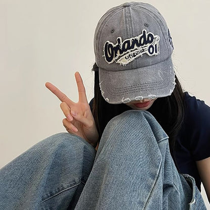 Lettering Baseball Cap Applique Distressed