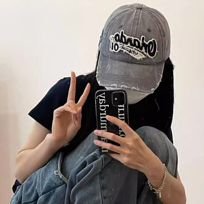Lettering Baseball Cap Applique Distressed