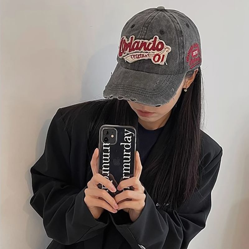 Lettering Baseball Cap Applique Distressed
