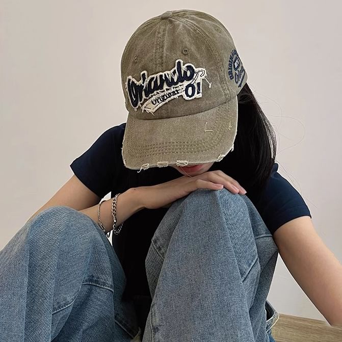 Lettering Baseball Cap Applique Distressed