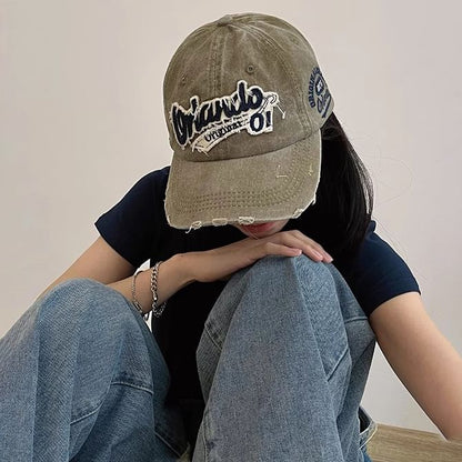 Lettering Baseball Cap Applique Distressed