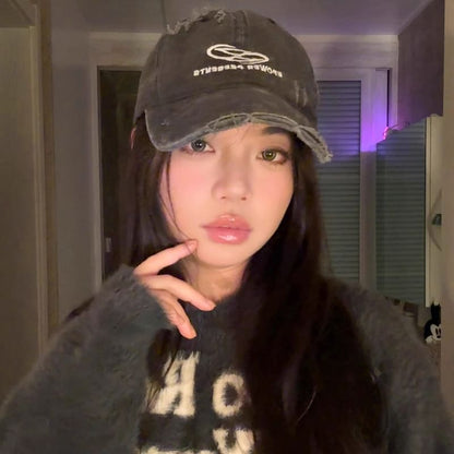 Lettering Baseball Embroidered Cap Distressed