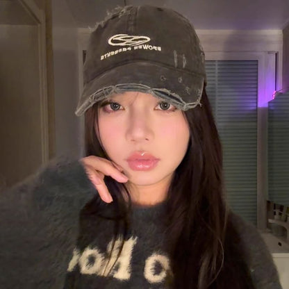 Lettering Baseball Embroidered Cap Distressed