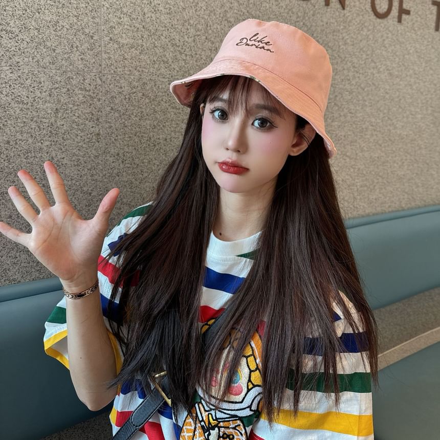 Lettering Embroidered Hat Reversible Bucket