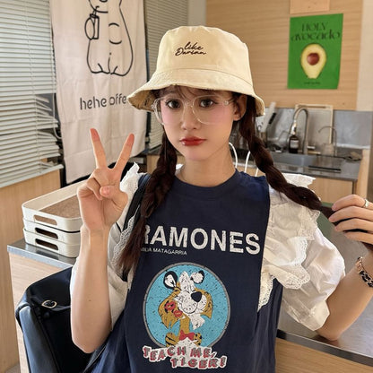 Lettering Embroidered Hat Reversible Bucket