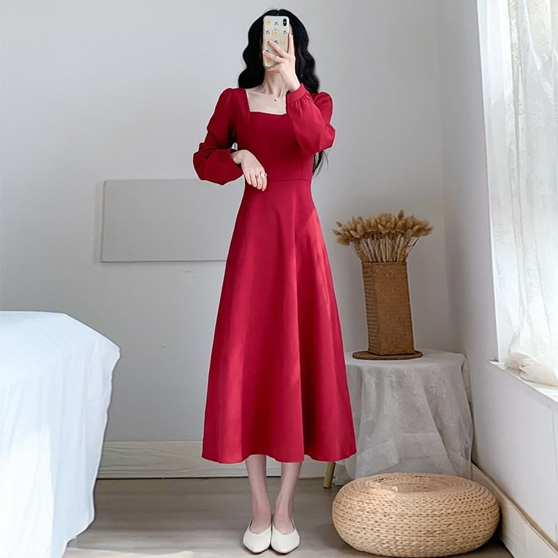 Long-Sleeve Plain Dress Neck A-Line Square Midi