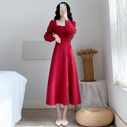 Long-Sleeve Plain Dress Neck A-Line Square Midi