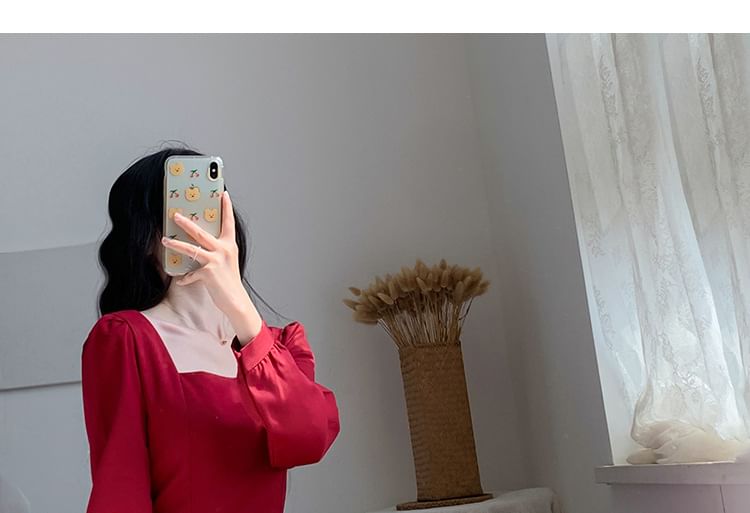 Long-Sleeve Plain Dress Neck A-Line Square Midi