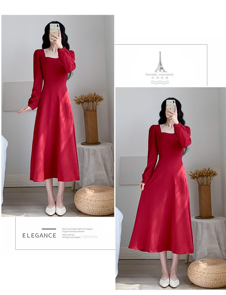 Long-Sleeve Plain Dress Neck A-Line Square Midi