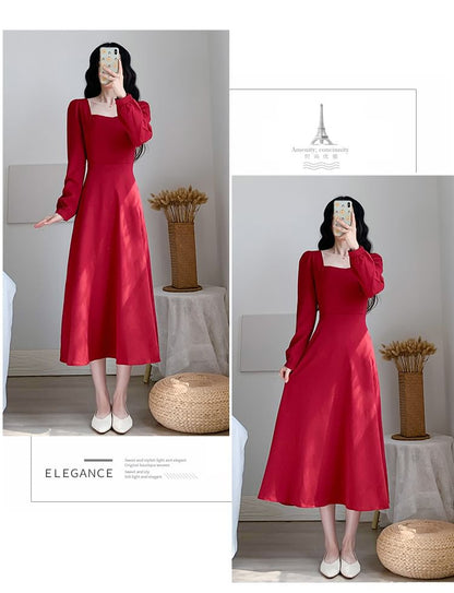 Long-Sleeve Plain Dress Neck A-Line Square Midi