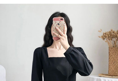 Long-Sleeve Plain Dress Neck A-Line Square Midi