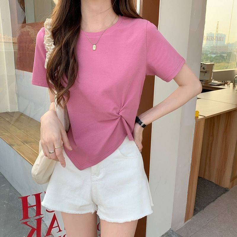 Neck Plain Crop Ruched Crew T-Shirt Short-Sleeve Asymmetrical