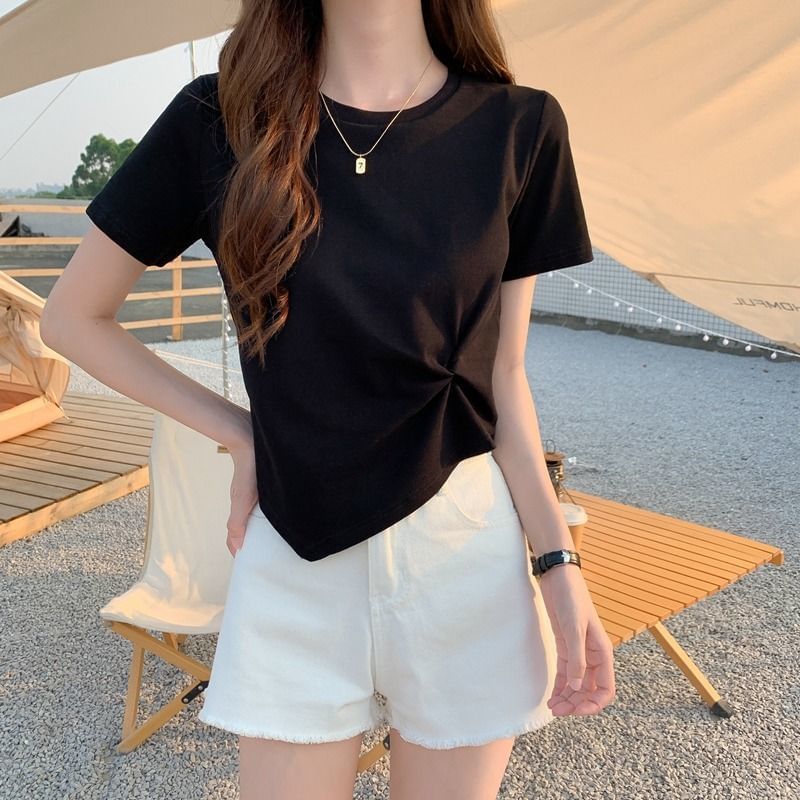 Neck Plain Crop Ruched Crew T-Shirt Short-Sleeve Asymmetrical