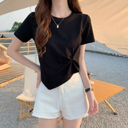 Neck Plain Crop Ruched Crew T-Shirt Short-Sleeve Asymmetrical