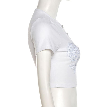 Fit Safety Pin Crop Print Accent Short-Sleeve Neck Floral Ribbed Notch Slim T-Shirt