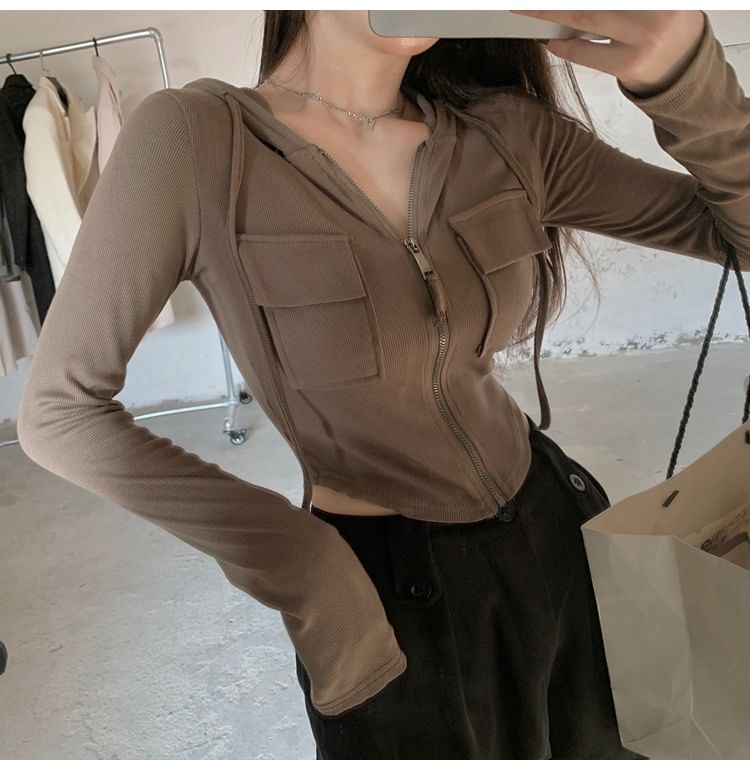 Plain Slim Hoodie Crop Fit Zip-Up