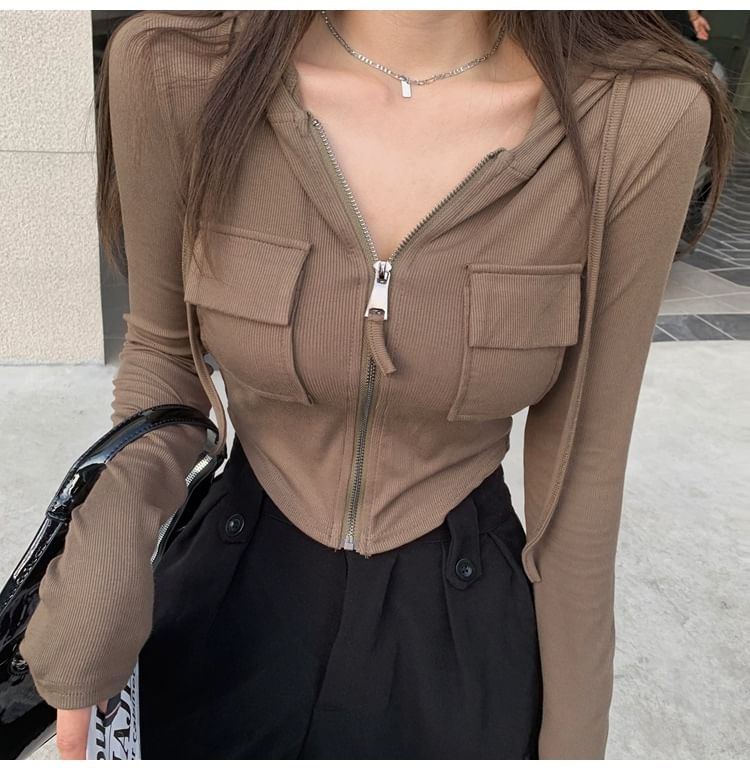 Plain Slim Hoodie Crop Fit Zip-Up