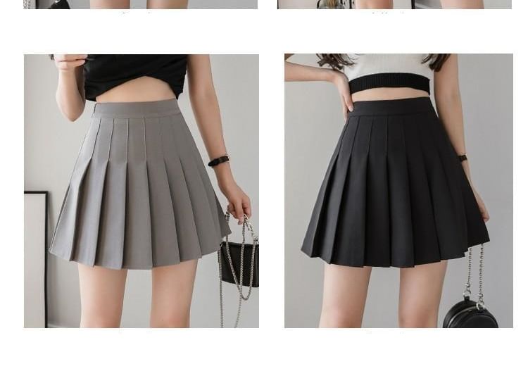 Pleated Waist High Plain Skirt A-Line Mini