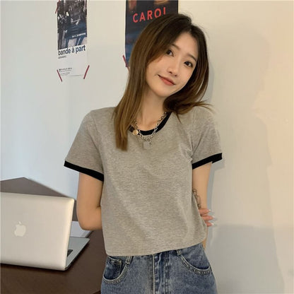 Crew T-Shirt Neck Contrast Crop Trim Short-Sleeve