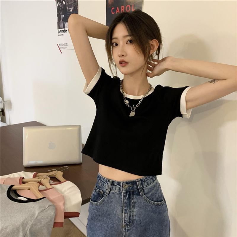 Crew T-Shirt Neck Contrast Crop Trim Short-Sleeve