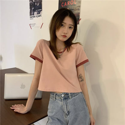 Crew T-Shirt Neck Contrast Crop Trim Short-Sleeve