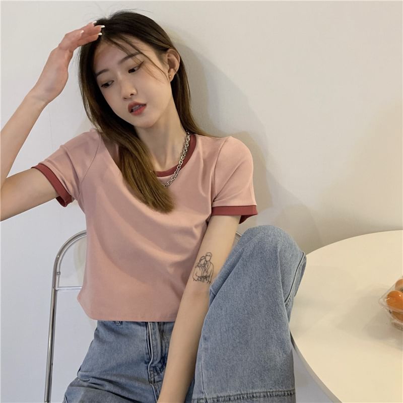 Crew T-Shirt Neck Contrast Crop Trim Short-Sleeve