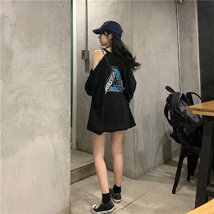 Neck T-Shirt Lettering Shoulder 3/4-Sleeve Crew Print Cold