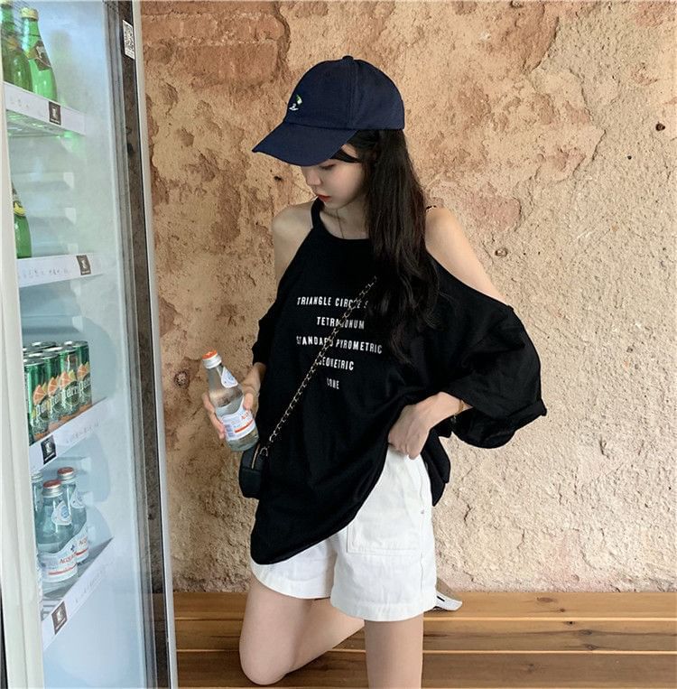 Neck T-Shirt Lettering Shoulder 3/4-Sleeve Crew Print Cold