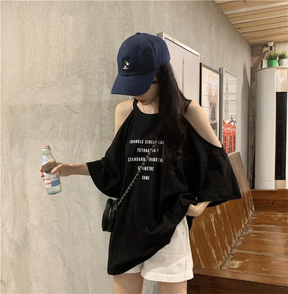 Neck T-Shirt Lettering Shoulder 3/4-Sleeve Crew Print Cold