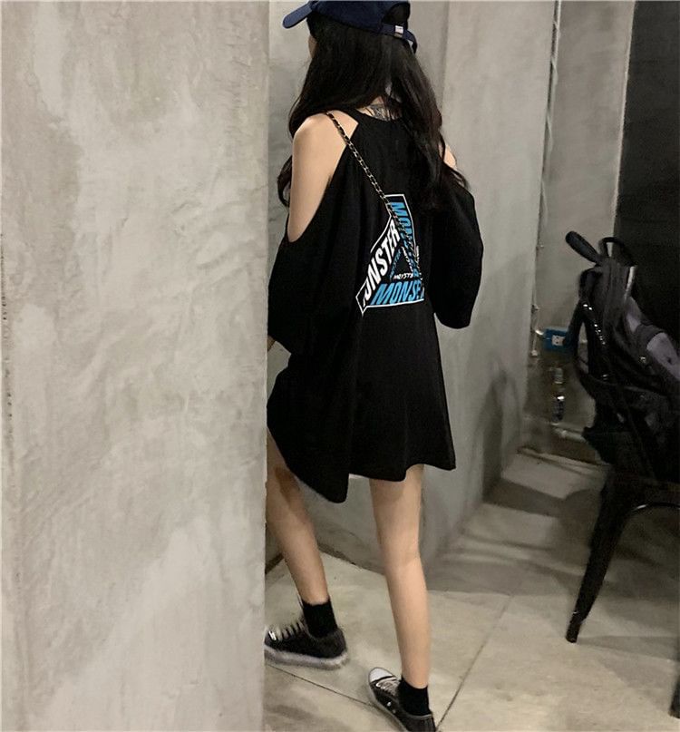 Neck T-Shirt Lettering Shoulder 3/4-Sleeve Crew Print Cold