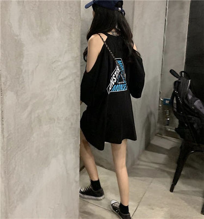 Neck T-Shirt Lettering Shoulder 3/4-Sleeve Crew Print Cold