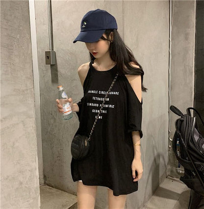 Neck T-Shirt Lettering Shoulder 3/4-Sleeve Crew Print Cold