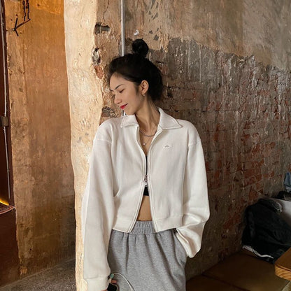 Plain Waffle Jacket Crop Applique Collared Zip-Up