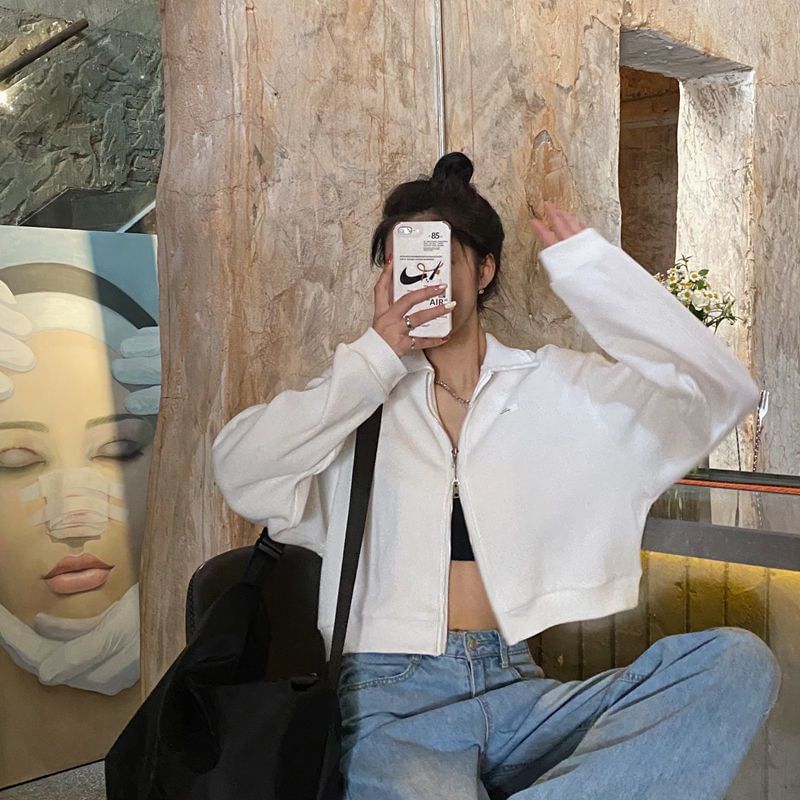 Plain Waffle Jacket Crop Applique Collared Zip-Up