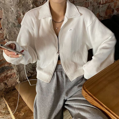 Plain Waffle Jacket Crop Applique Collared Zip-Up