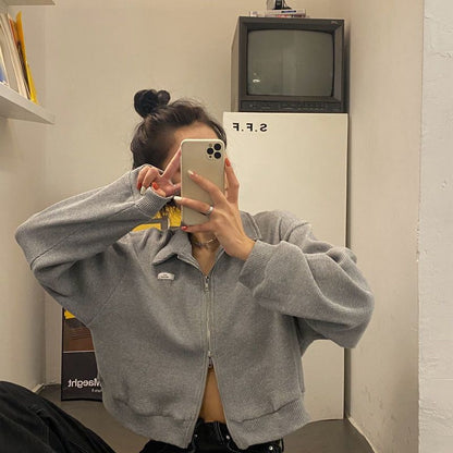 Plain Waffle Jacket Crop Applique Collared Zip-Up