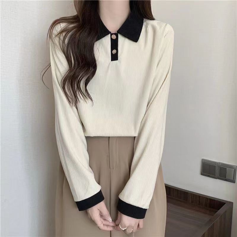 Contrast Polo Trim Long-Sleeve Shirt Ribbed