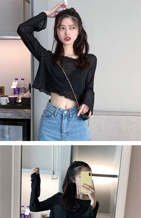 Sheer Plain Off-Shoulder Crop T-Shirt Long-Sleeve
