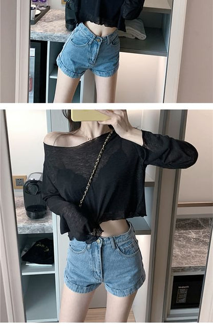 Sheer Plain Off-Shoulder Crop T-Shirt Long-Sleeve
