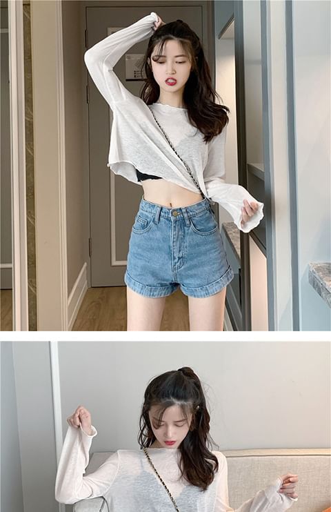 Sheer Plain Off-Shoulder Crop T-Shirt Long-Sleeve