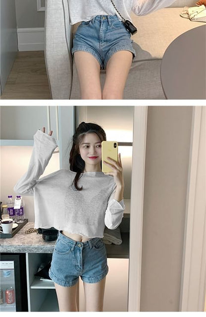 Sheer Plain Off-Shoulder Crop T-Shirt Long-Sleeve