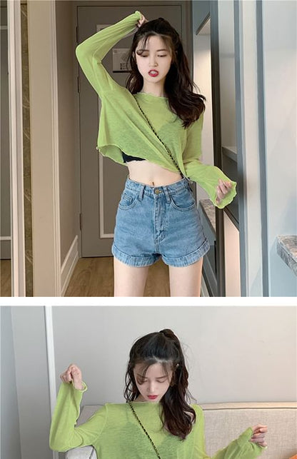 Sheer Plain Off-Shoulder Crop T-Shirt Long-Sleeve