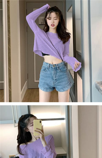 Sheer Plain Off-Shoulder Crop T-Shirt Long-Sleeve