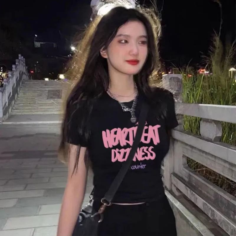 Crew Lettering T-Shirt Crop Short-Sleeve Print Neck