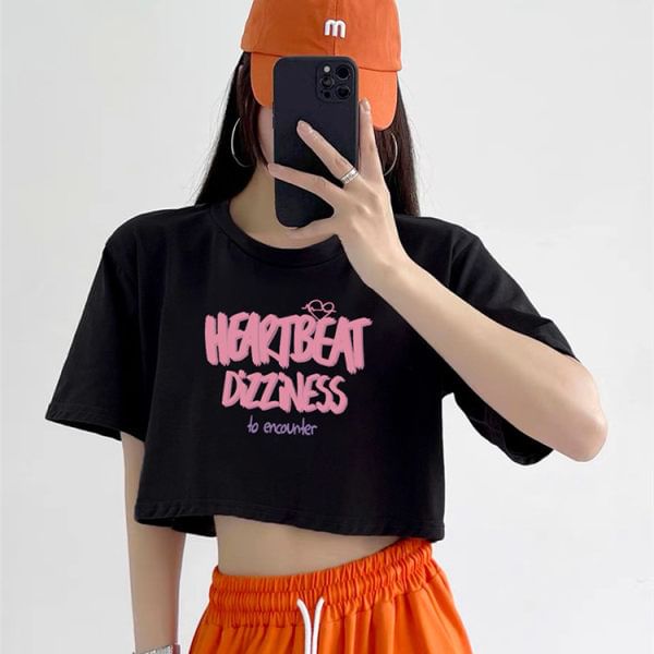 Crew Lettering T-Shirt Crop Short-Sleeve Print Neck