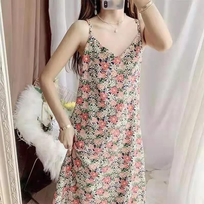 Spaghetti Strap Print V-Neck Dress Midi Shift Floral