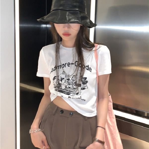Crop Print Lettering Crew Neck T-Shirt Short-Sleeve