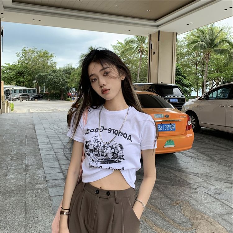 Crop Print Lettering Crew Neck T-Shirt Short-Sleeve